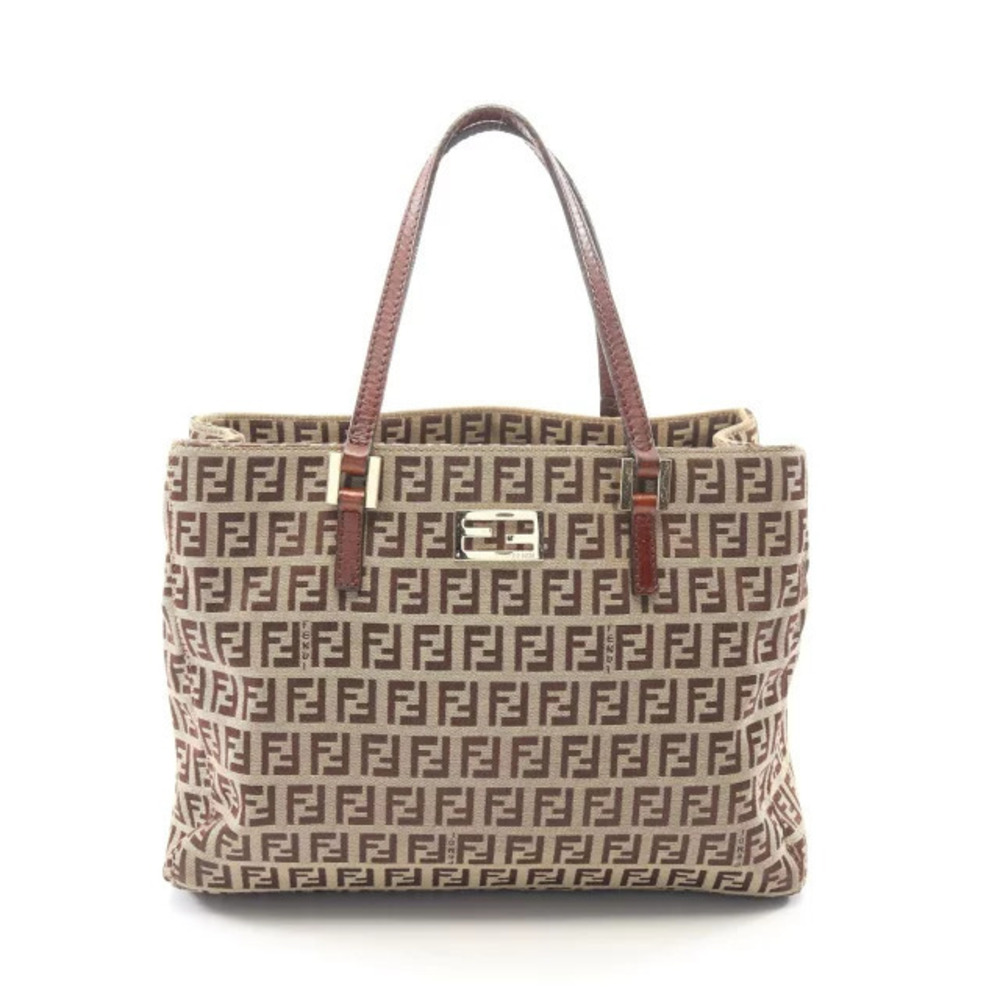 Fendi Zucchino Tote Bag Canvas Leather Beige Cream Brown